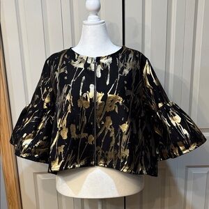 NWT Bryn Walker Black/Gold Frida round neck ruffle bell sleeve jacket